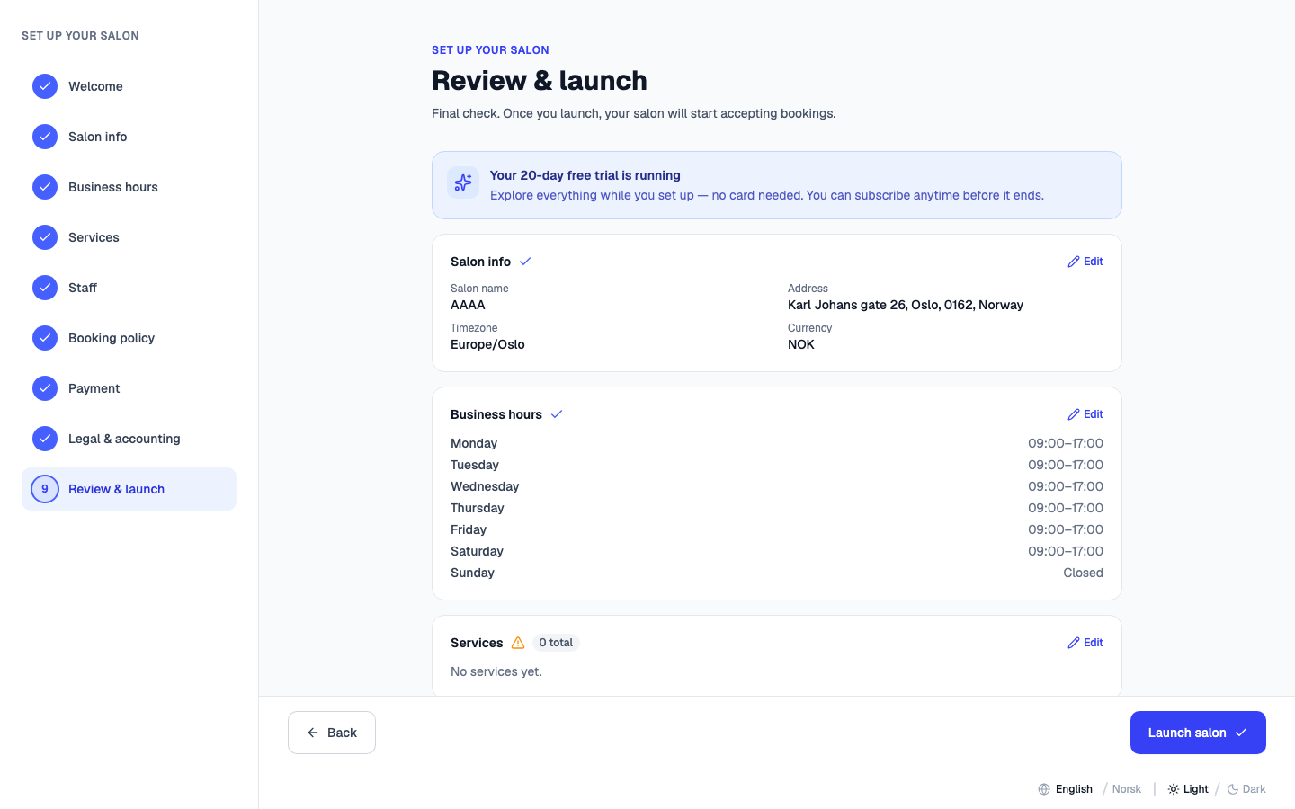 Onboarding — review & finish