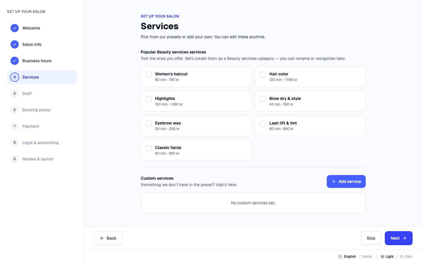 Onboarding — add your services