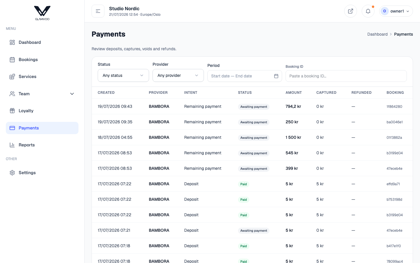 The payments list
