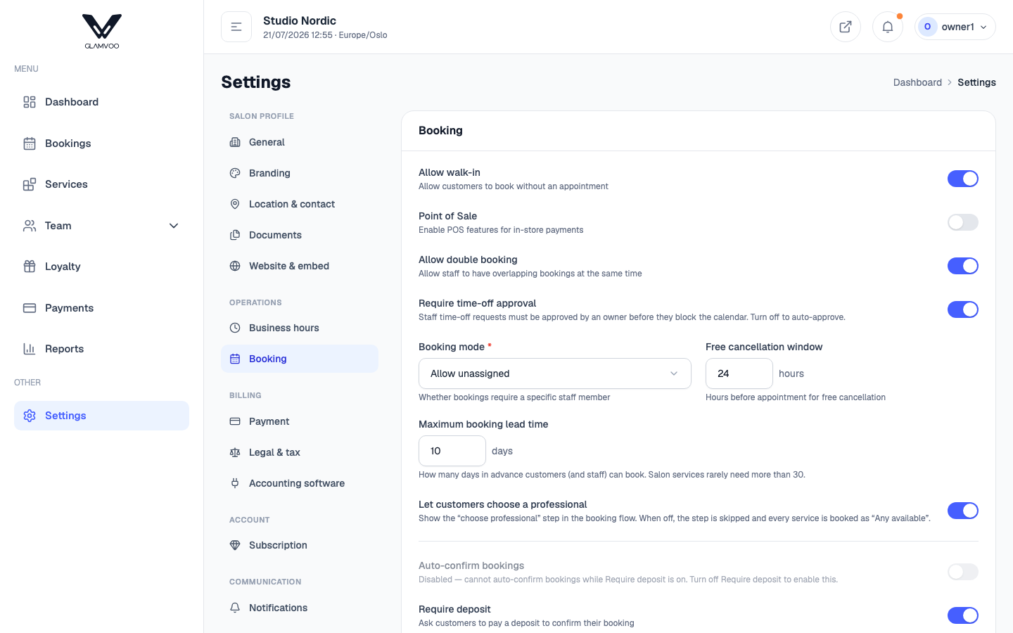 Booking policy settings