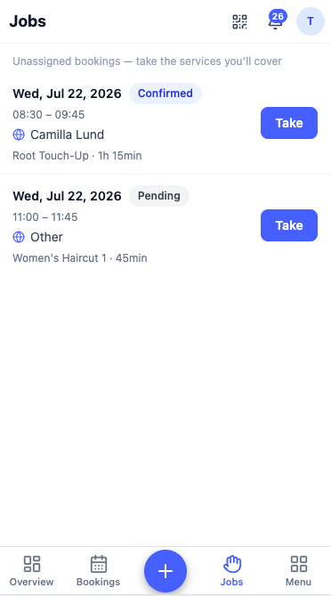 The staff jobs screen